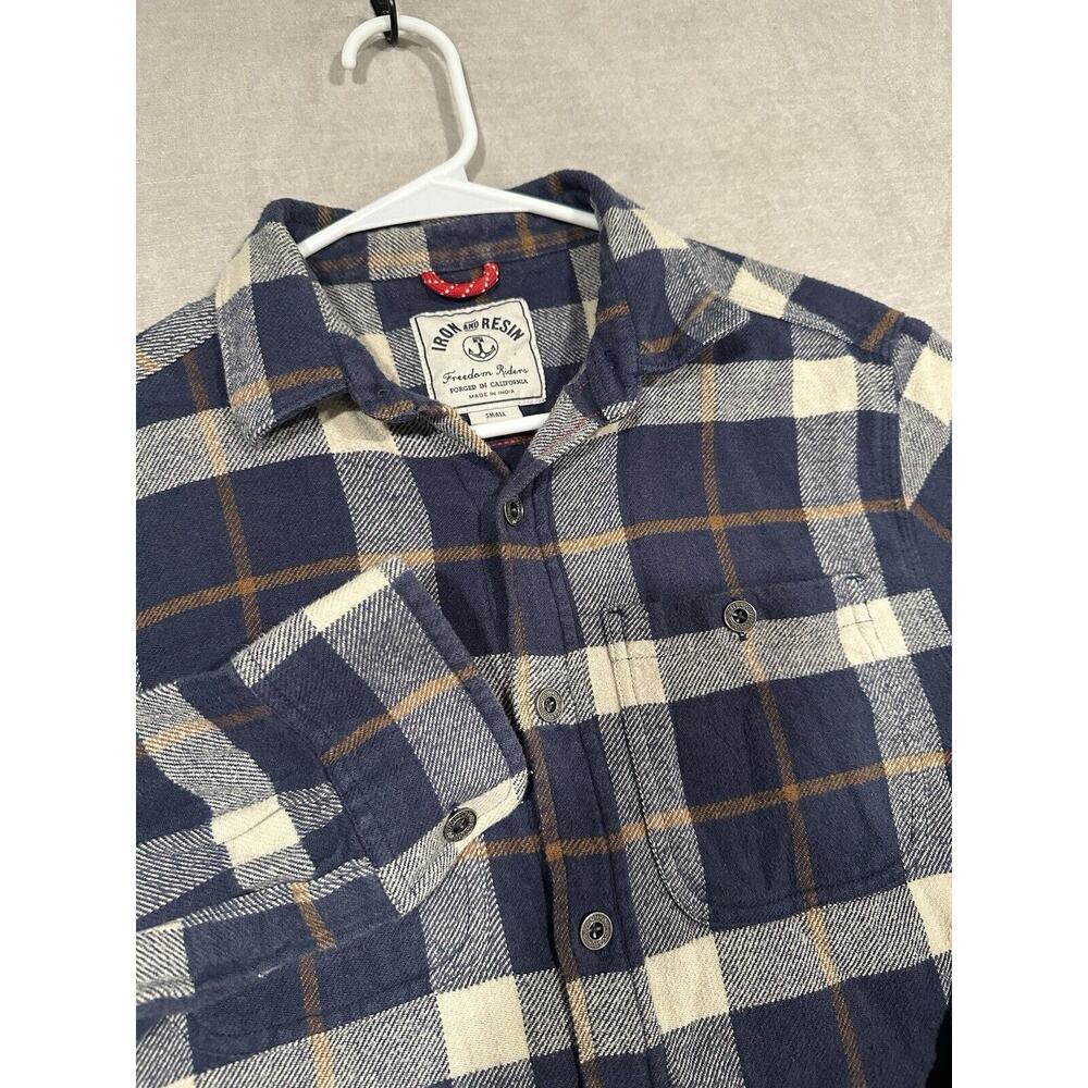 Iron And Resin Flannel Shirt Mens Small Plaid Cotton Long Sleeve Button Up Blue